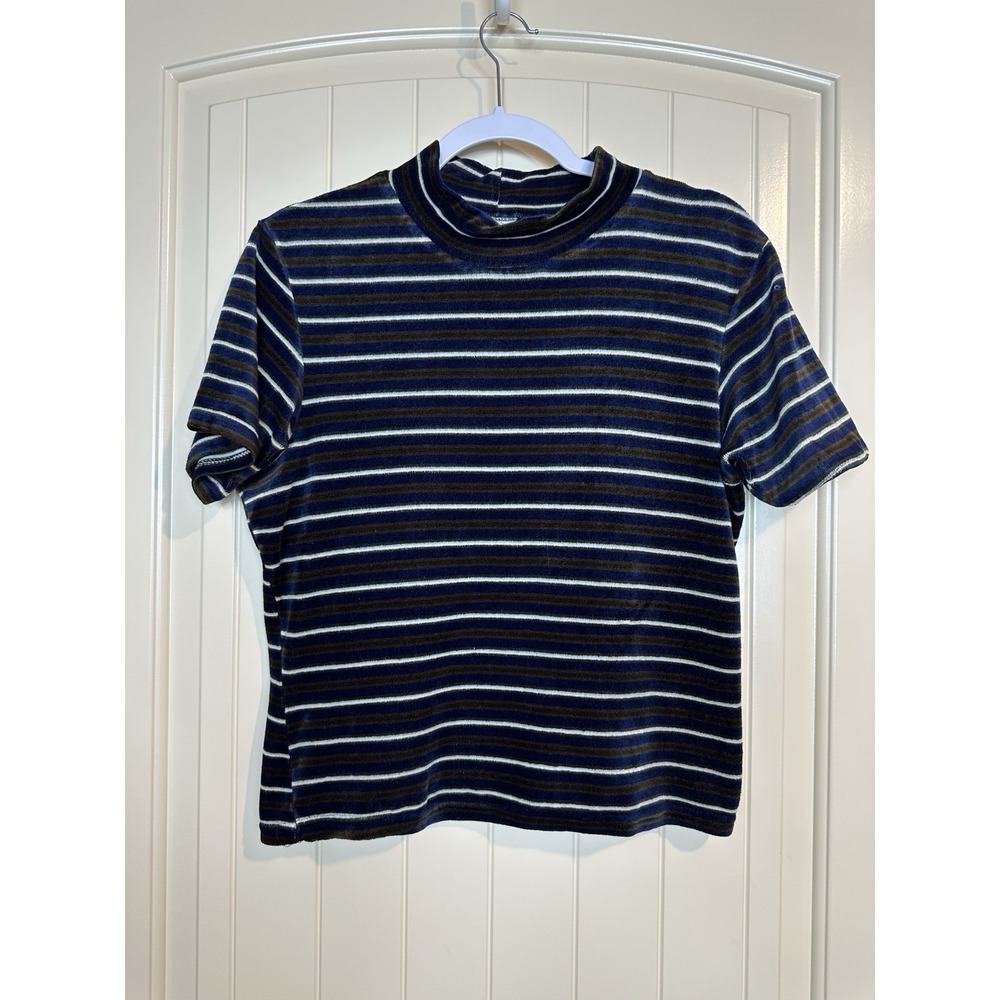 VTG‎ 90s NY Jeans Striped Velour Velvet short sleeve shirt Casual Retro Y2K